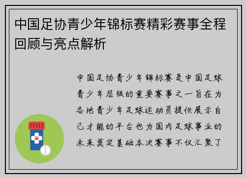 中国足协青少年锦标赛精彩赛事全程回顾与亮点解析